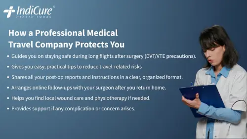 Image listing safety services from a Professional Medical Travel Company, focusing on DVT/VTE guidance, post-op report sharing, and local follow-up coordination. Image listing safety services from a Professional Medical Travel Company, focusing on DVT/VTE guidance, post-op report sharing, and local follow-up coordination.